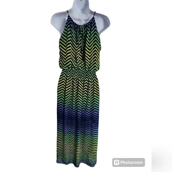Sweet Storm Womens Medium Chevron Halter Maxi Dress Green Blue Ombre Indie Y2K - Picture 3 of 7